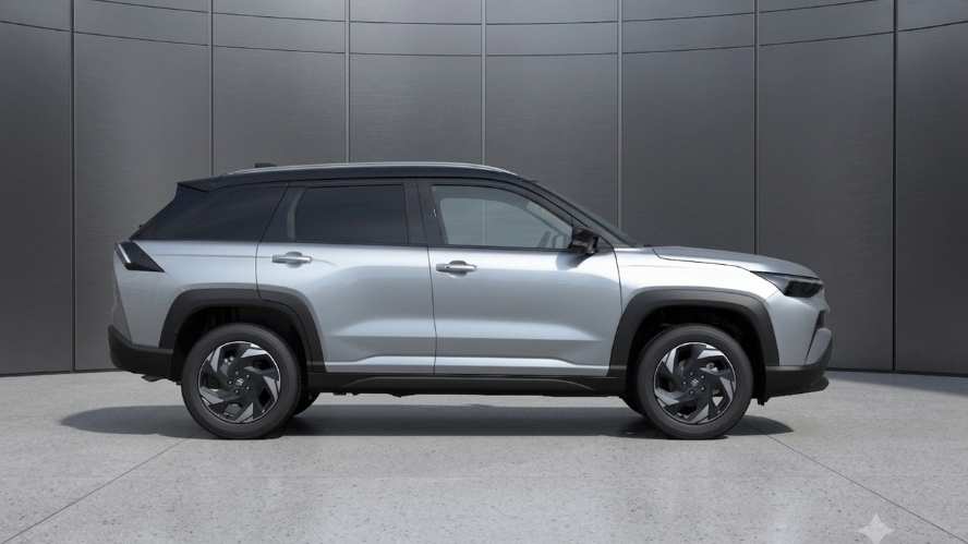 Splendid Silver Pearl Metallic × Bluish Black Pearl Suzuki Across parked in profile view against a professional grey studio background.